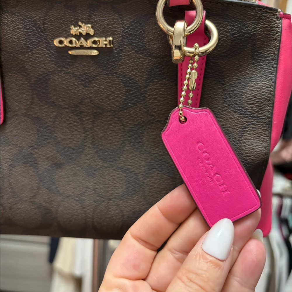 Coach Brown Signature Satchel with Bright Pink Trim - Picture 2 of 9